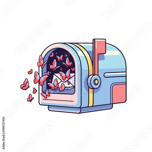 A cute cartoon mailbox opens to release a swarm of pink butterflies.