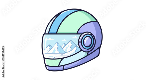 Futuristic motorcycle helmet with mountain reflection cartoon icon.