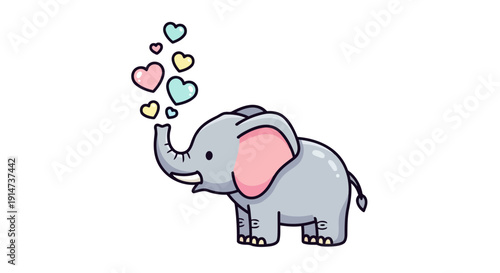 Cute cartoon baby elephant blowing a spray of colorful love hearts from its trunk.