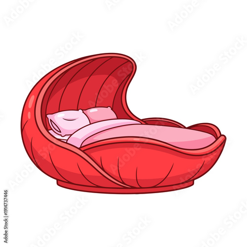Stylized cartoon illustration of a futuristic red shell-shaped bed.