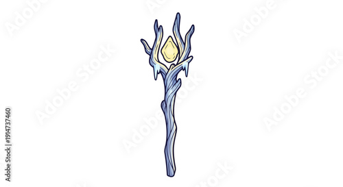 Fantasy wizard staff with a glowing yellow crystal orb isolated on white.