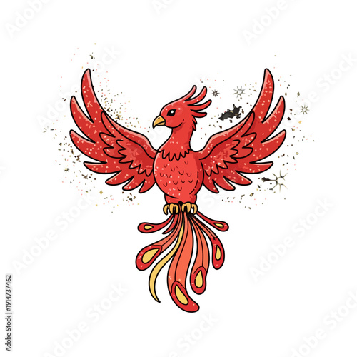Majestic red phoenix mythological bird with open wings illustration.