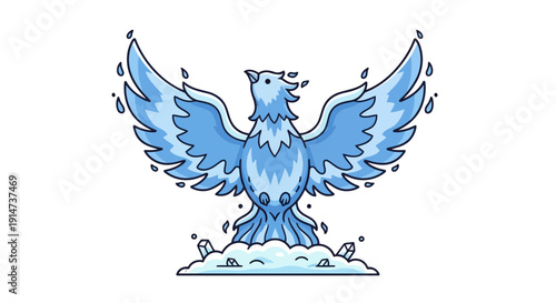 Mythical ice phoenix with outstretched wings cartoon illustration.