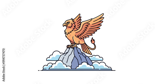 Majestic Mythical Griffin with Fiery Wings Illustration.