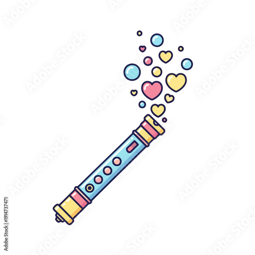 Colorful Cartoon Flute Playing a Melody of Love Hearts.