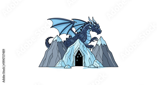 Majestic blue ice dragon guarding a frozen mountain cave entrance.