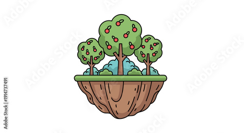 Cartoon illustration of a floating island with three fruit trees.