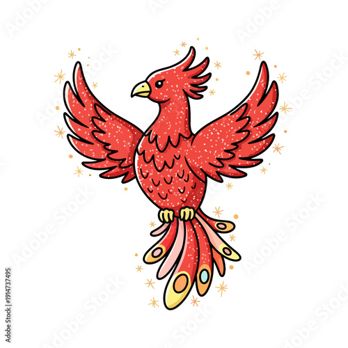 Vibrant red mythical phoenix bird with sparkling glitter effect.