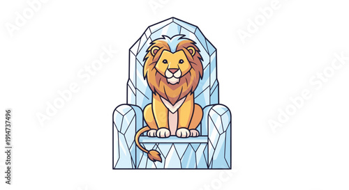 Regal cartoon lion sitting majestically on a crystalline ice throne.