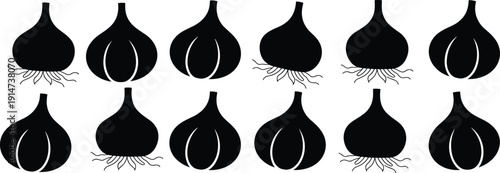 Garlic bulb silhouette collection isolated on white background, black vegetable icon set with roots and clove details