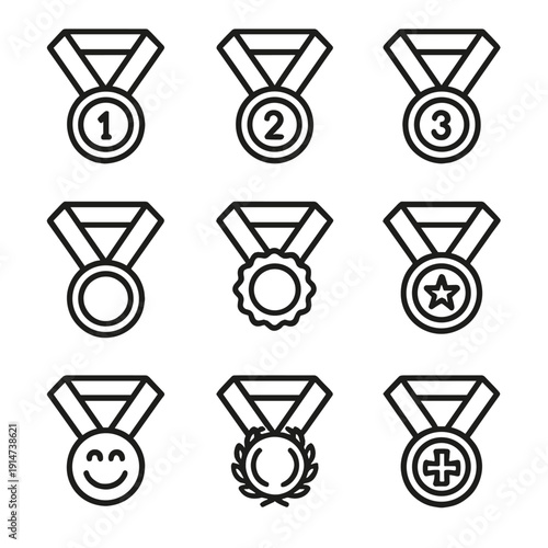 Nine medal icons showcasing awards, achievements, and recognition symbols