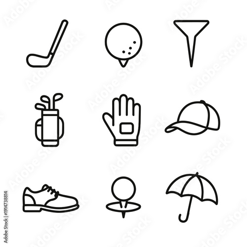 Minimalistic golf equipment icons featuring clubs, balls, and accessories