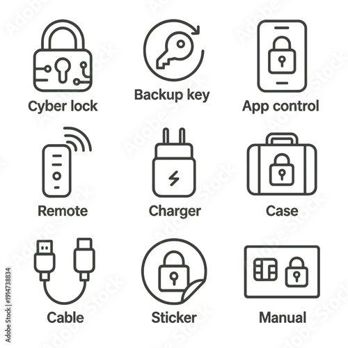 Digital security icons: cyber lock, backup key, app control, remote, charger