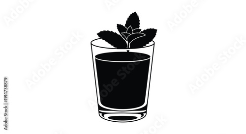 A black and white illustration of mint leaves in a glass