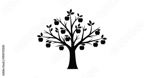 Simple black silhouette of an apple tree with fruit