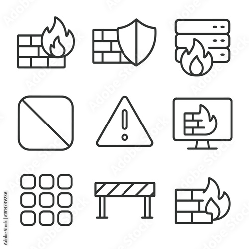 Cybersecurity icons: firewalls, shields, alerts, and network protection symbols