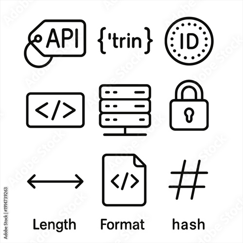 Digital interface icons featuring api, code, server, and security elements