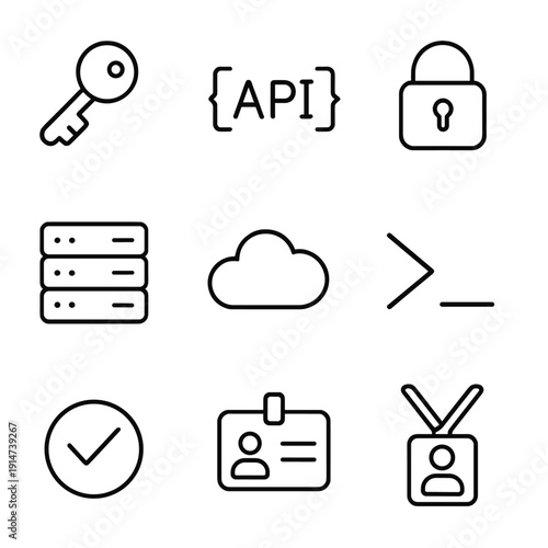 Technology icons: api, key, lock, cloud, database, terminal, badge