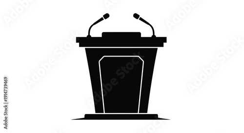 A black silhouette of a podium with two microphones isolated on white