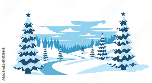 A serene winter landscape featuring snow covered trees and a winding path