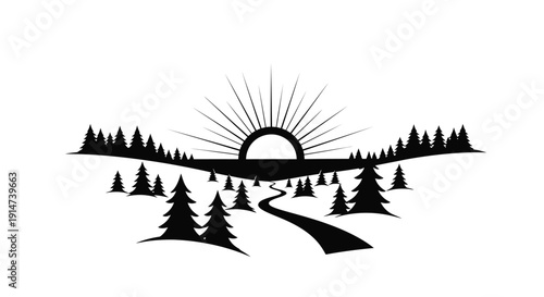 Minimalist black and white landscape featuring sun trees and a winding river
