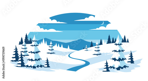 A stylized winter landscape with mountains trees and a winding river