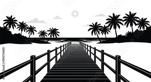 A black and white illustration of a pier leading to a tropical island