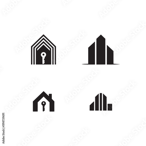 Minimalist real estate and building logo set featuring house shapes and key hole icons