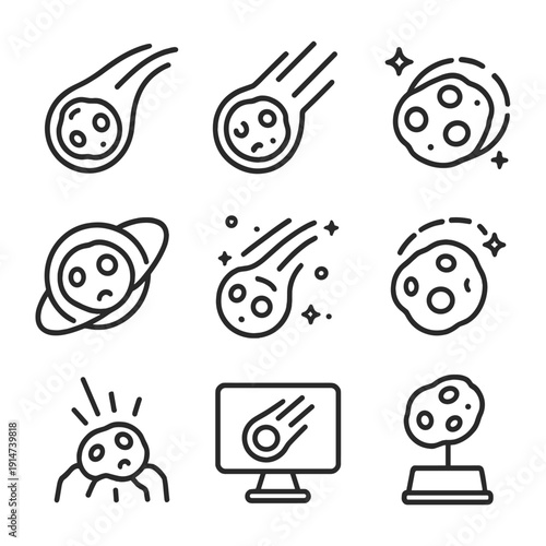 Outline icons of meteors and asteroids in various space-themed contexts