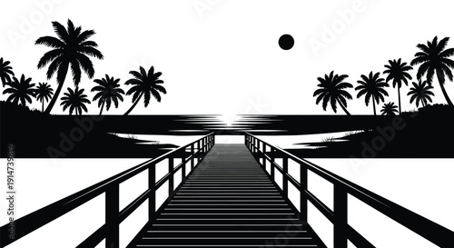 A black and white illustration of a pier leading to a tropical sunset