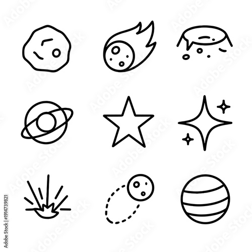 Simple line icons of space objects and celestial bodies on gray background