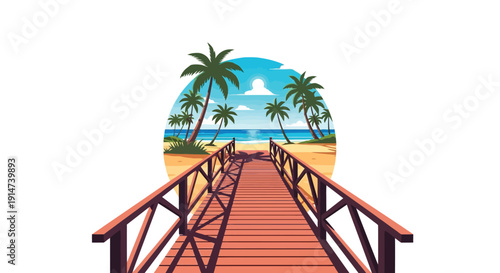 A wooden walkway leads toward a tropical beach with palm trees