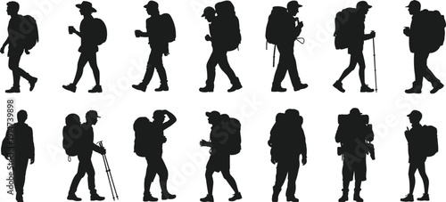 Set of Backpacker and Hiker Silhouettes in Various Walking Poses Isolated on White Background for Adventure Design