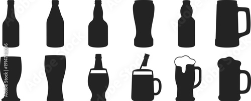 Set of Beer Bottle and Glass Silhouettes Including Mug Pint and Lager Shapes Isolated on White Background