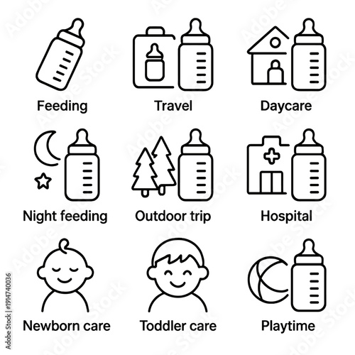 Baby essentials icons highlighting feeding, travel, daycare, hospital, and playtime