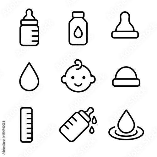 Baby icon set: bottles, pacifiers, droplets, and ruler on gray background