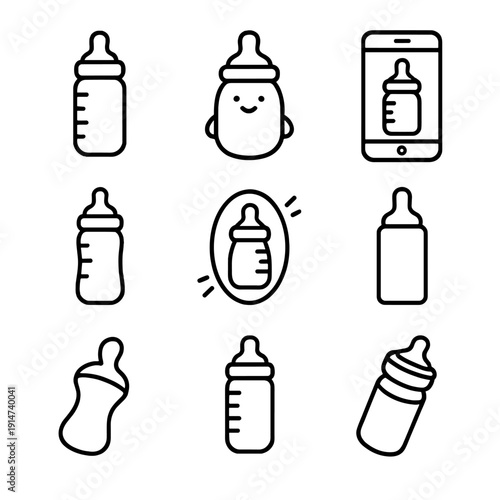 Baby bottle icons on gray background with smartphone and digital illustration