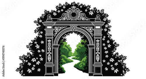 An ornate stone archway frames a lush green forest pathway
