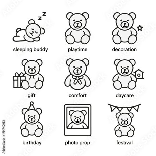 Cute teddy bear icons for playtime, comfort, and celebration themes