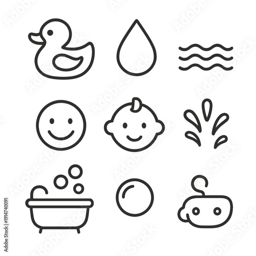 Outline icons of baby bath toys and water-themed symbols for kids