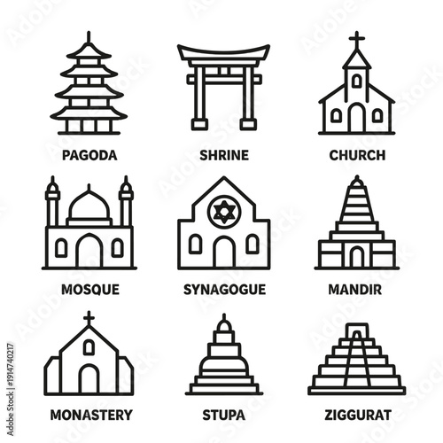 Outline icons of global religious structures: pagoda, shrine, church, mosque