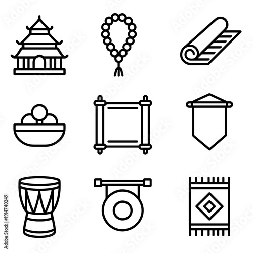 Traditional asian symbols: pagoda, beads, scroll, drum, rug
