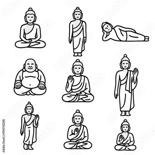 Diverse buddha figures in various poses on a gray background