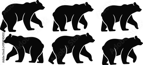 Walking Bear Silhouette Collection with Black Grizzly Animal Icons Isolated on White Background for Wildlife Graphic Design