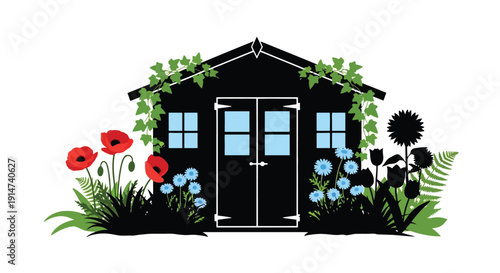 Stylized illustration of a black garden shed with surrounding foliage