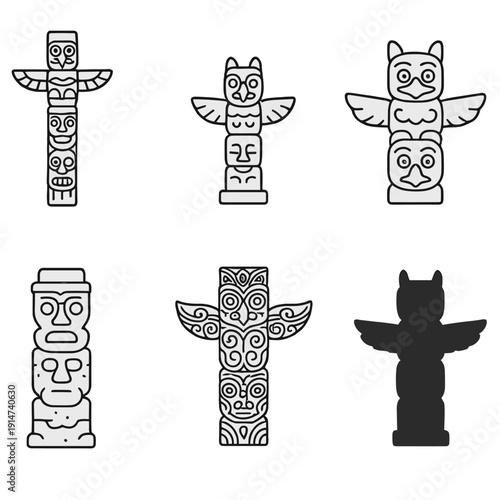 Minimalist totem pole icons set with traditional indigenous designs