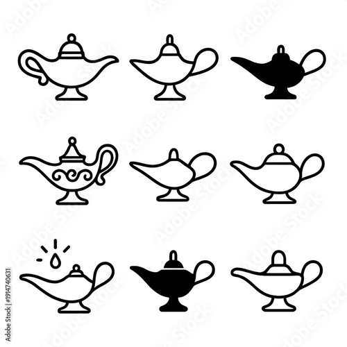 Collection of nine genie lamp icons in unique designs and silhouettes