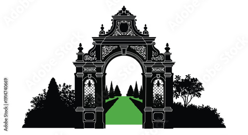 An ornate black and white gateway leads to a vibrant green landscape