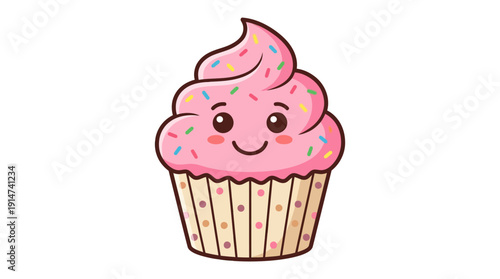 Happy Cupcake Character Pink Frosting Sprinkles d flat vector isolated white background