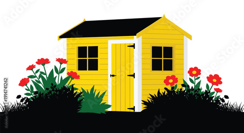 A bright yellow shed with red flowers in front on a dark ground